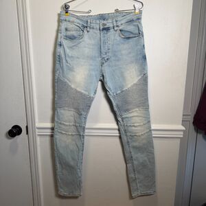 H&M Divided Y2K Moto Biker Skinny Jeans 34x30 Light Wash Ribbed Knee Stretch